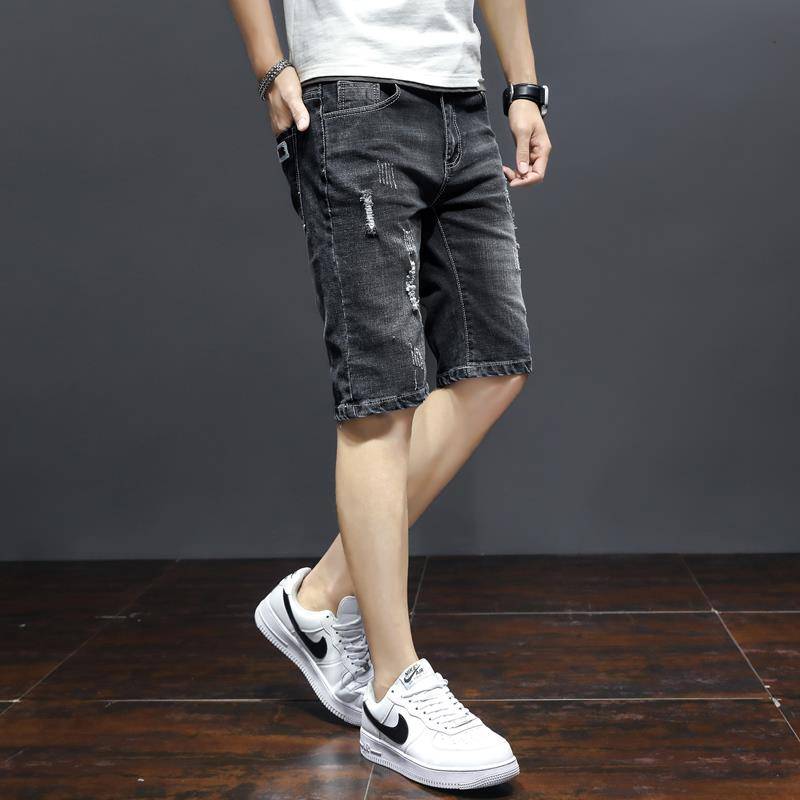 Summer thin elastic denim shorts, men's pornographic slim -fitting straight pants pants men's 5 points casual horse pants