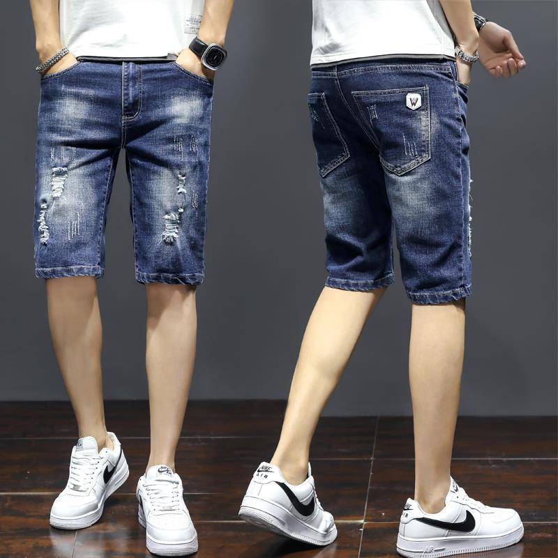 Summer thin elastic denim shorts, men's pornographic slim -fitting straight pants pants men's 5 points casual horse pants