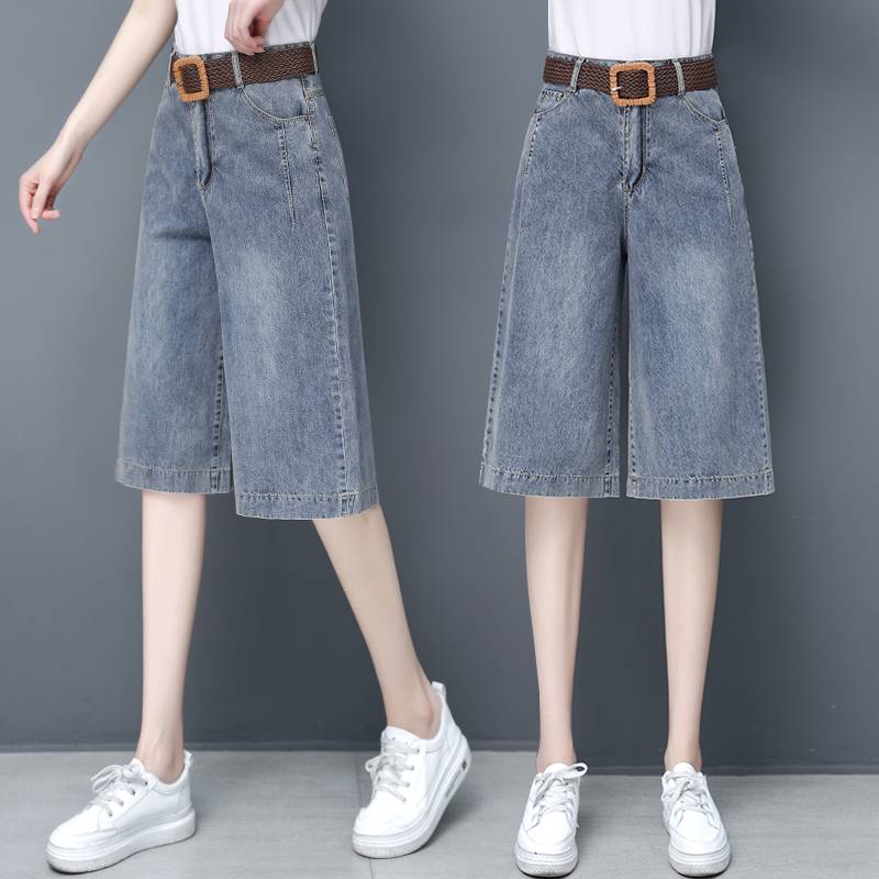 Loose five -point wide -legged denominated jeans 2024 Summer horse trousers Short -wearing Korean version thin models and thin pants in women's tide