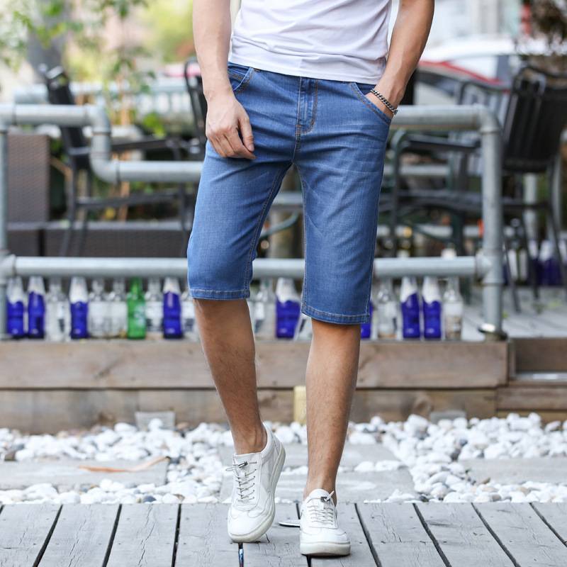 Qi brand genuine counter jeans shorts thin elastic straight leisure pentagram 5 -point pants pants pants tide cotton