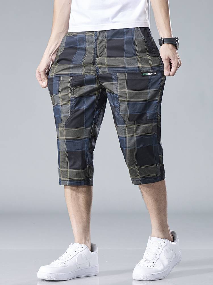 Summer Sixou casual shorts thin men's ice silk cooling feel wears trendy loose straight lattice grid pants