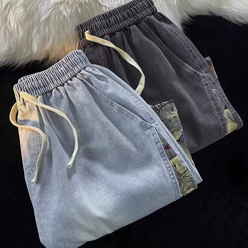 Loose waist denim shorts, men's summer tide brand INS stitching retro embroidered horse pants loose wild pants