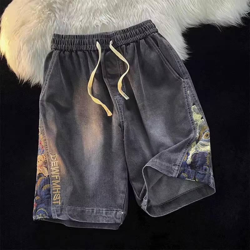 Loose waist denim shorts, men's summer tide brand INS stitching retro embroidered horse pants loose wild pants