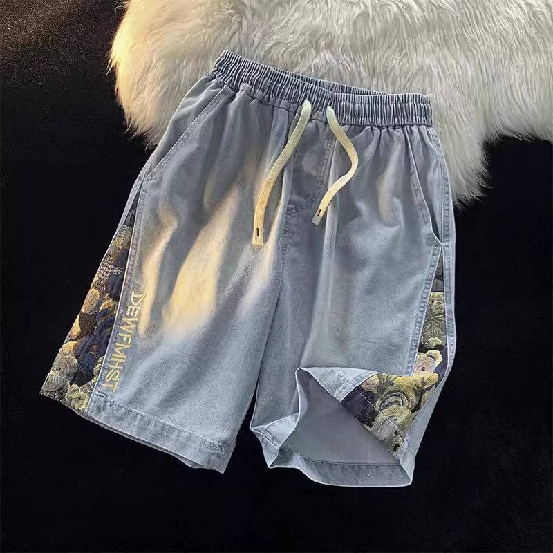 Loose waist denim shorts, men's summer tide brand INS stitching retro embroidered horse pants loose wild pants