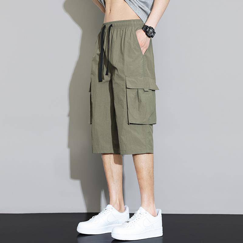 American style shorts Men's summer ice silk trend high street vertical penta pants loose horse pants cropped pants pants