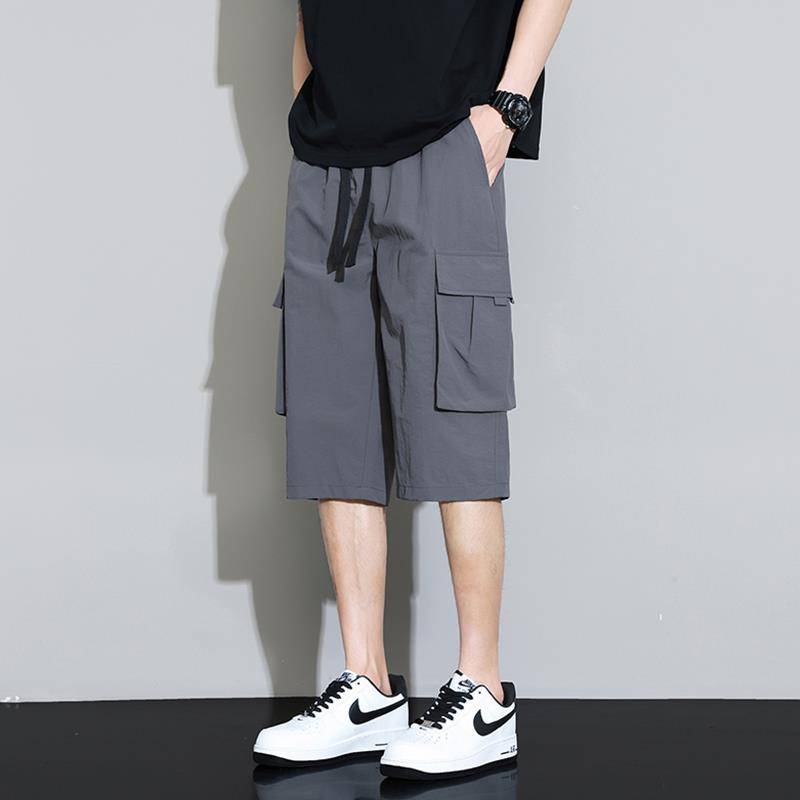 American style shorts Men's summer ice silk trend high street vertical penta pants loose horse pants cropped pants pants