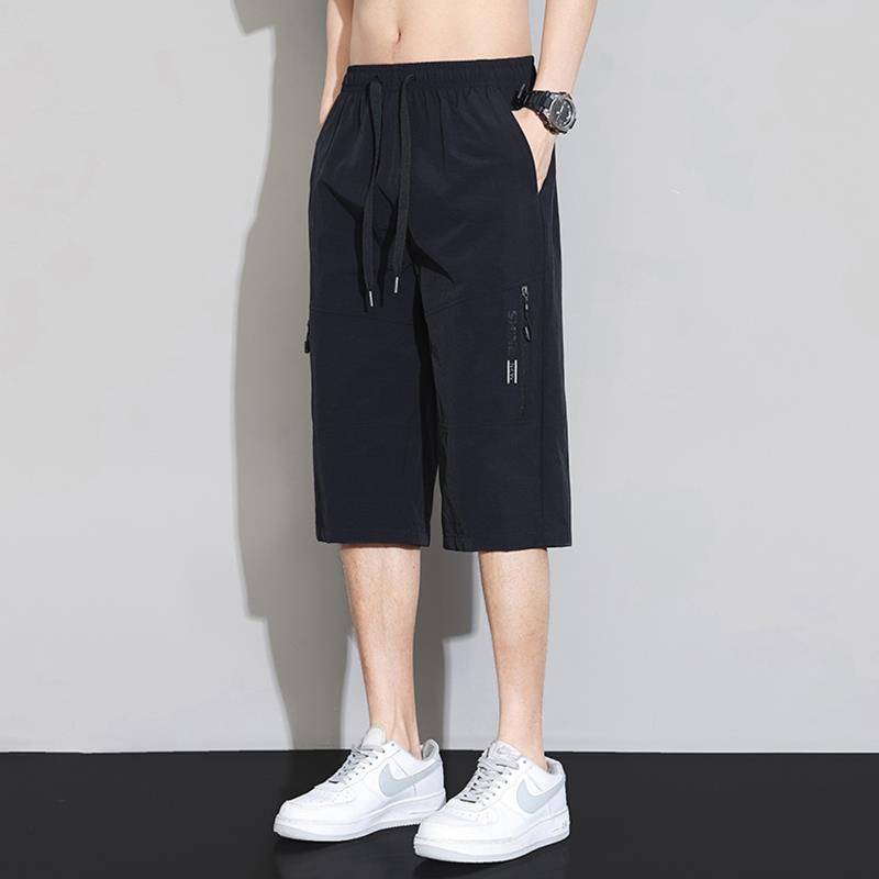 American style shorts Men's summer ice silk trend high street vertical penta pants loose horse pants cropped pants pants