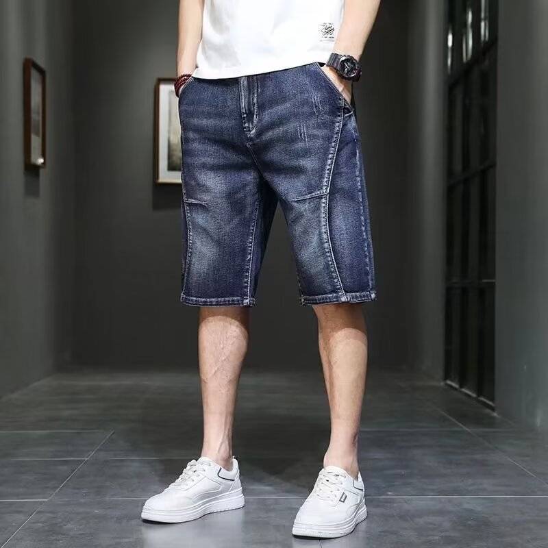 Summer elastic denim shorts Men's tide loose large -size straight -tube five -point casual horse pants 2024 summer thin middle pants