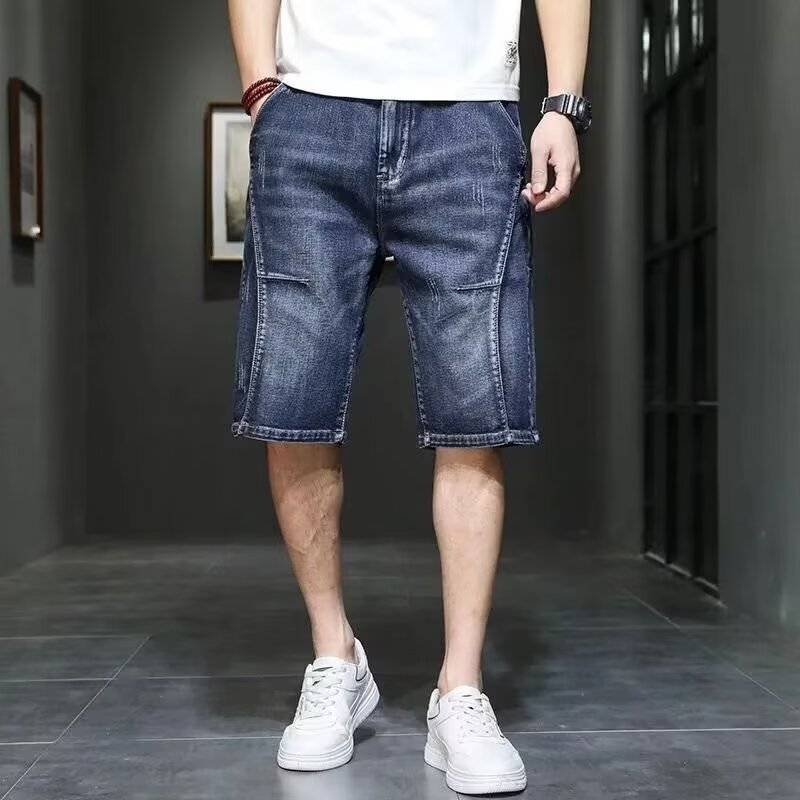 Summer elastic denim shorts Men's tide loose large -size straight -tube five -point casual horse pants 2024 summer thin middle pants