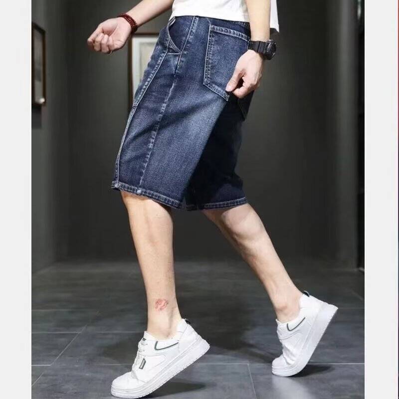 Summer elastic denim shorts Men's tide loose large -size straight -tube five -point casual horse pants 2024 summer thin middle pants