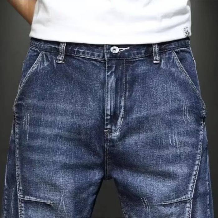Summer elastic denim shorts Men's tide loose large -size straight -tube five -point casual horse pants 2024 summer thin middle pants