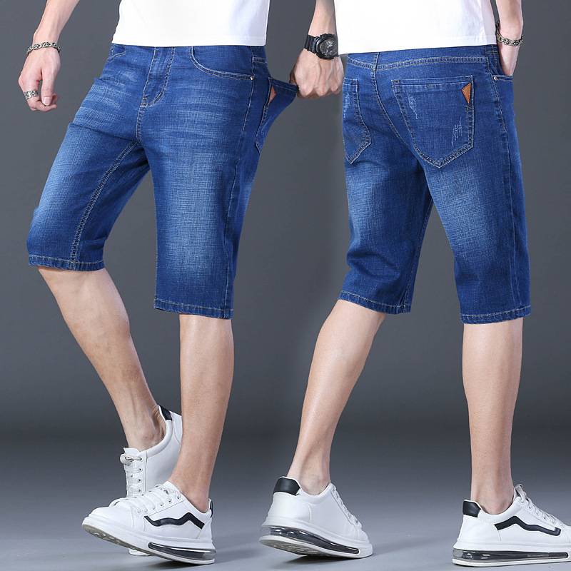 Jiu Mu King's official genuine jeans shorts, thin pent -point pants pants pants pants elastic 5 points casual pants cotton