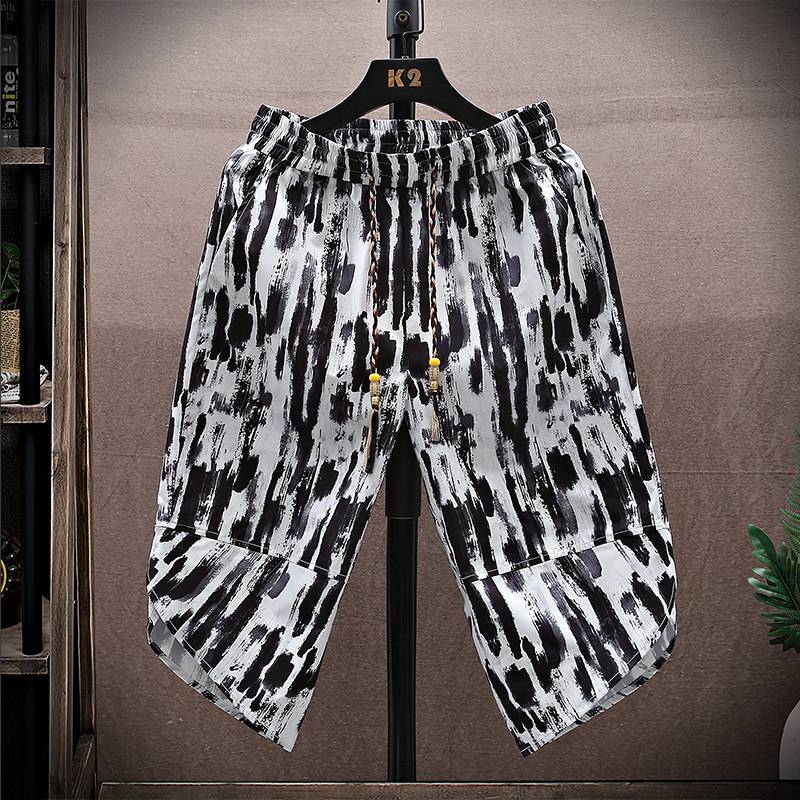 New Chinese -style cropped pants men's shorts printed ice silk casual pants Boys thin Chinese style loose Haronma pants