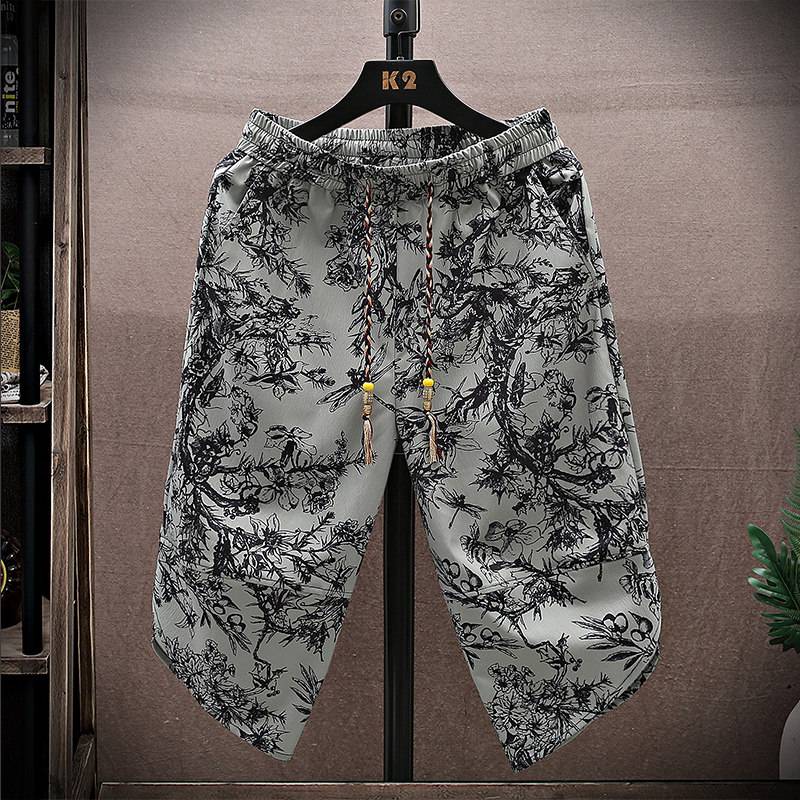 New Chinese -style cropped pants men's shorts printed ice silk casual pants Boys thin Chinese style loose Haronma pants