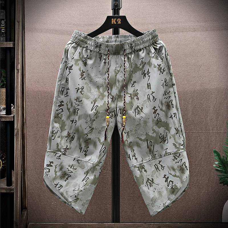 New Chinese -style cropped pants men's shorts printed ice silk casual pants Boys thin Chinese style loose Haronma pants