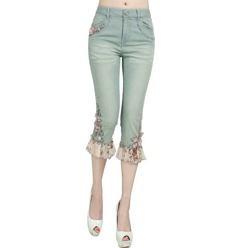 Pink Mary Qijiu denim trousers female summer thin 2024 new fashion high waist elastic retro embroidery horse pants