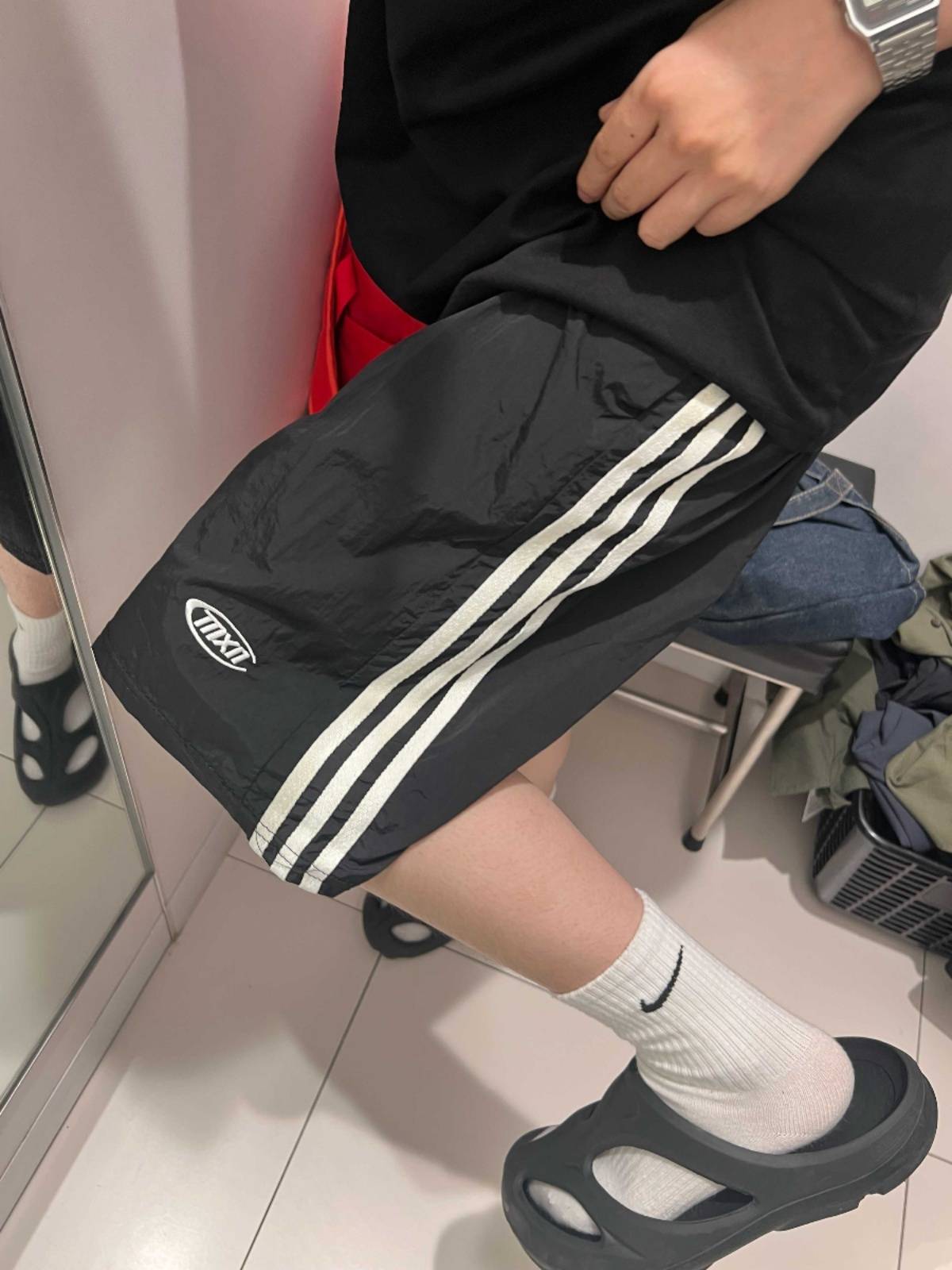 American shorts men's summer tide ice silk fast drying sporty loose mid -pants panty pants pants three bars, horses pants