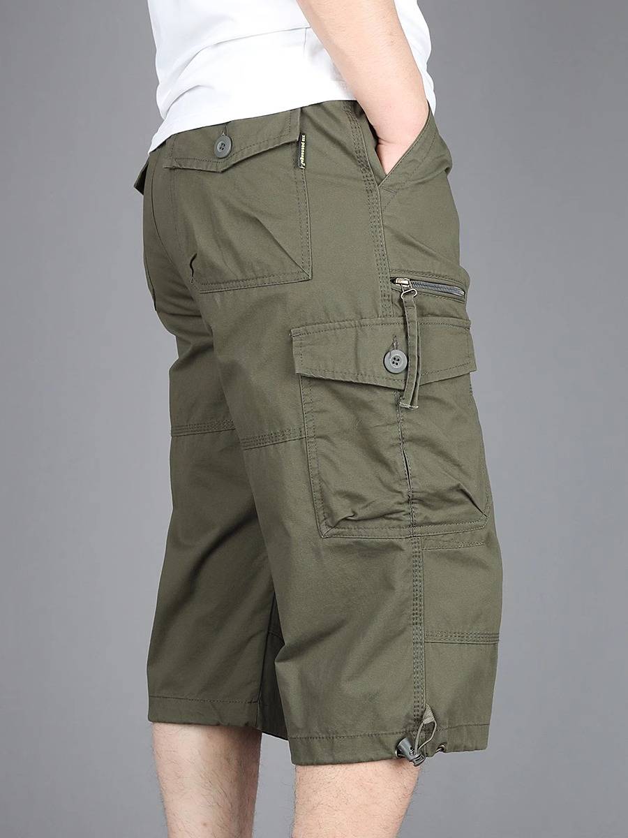 Summer cropped pants men's casual worker shorts loose large size multi -pocket outdoor mid pants thin pure cotton pants