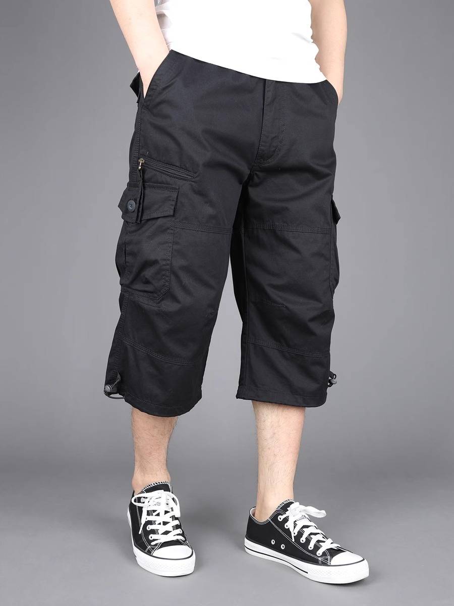 Summer cropped pants men's casual worker shorts loose large size multi -pocket outdoor mid pants thin pure cotton pants