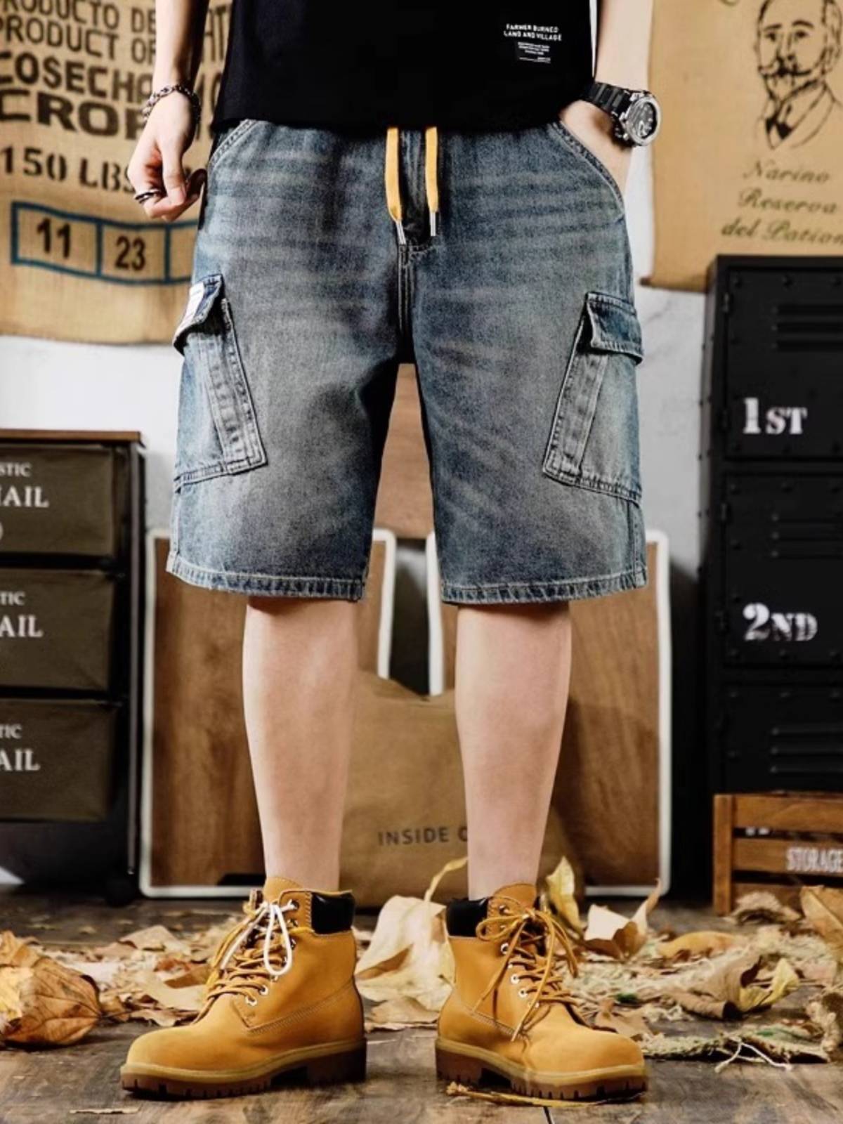 Large -size American leisure five -point denim shorts men's summer ins Big pocket horse pants washed straight tube loose 5 -point pants