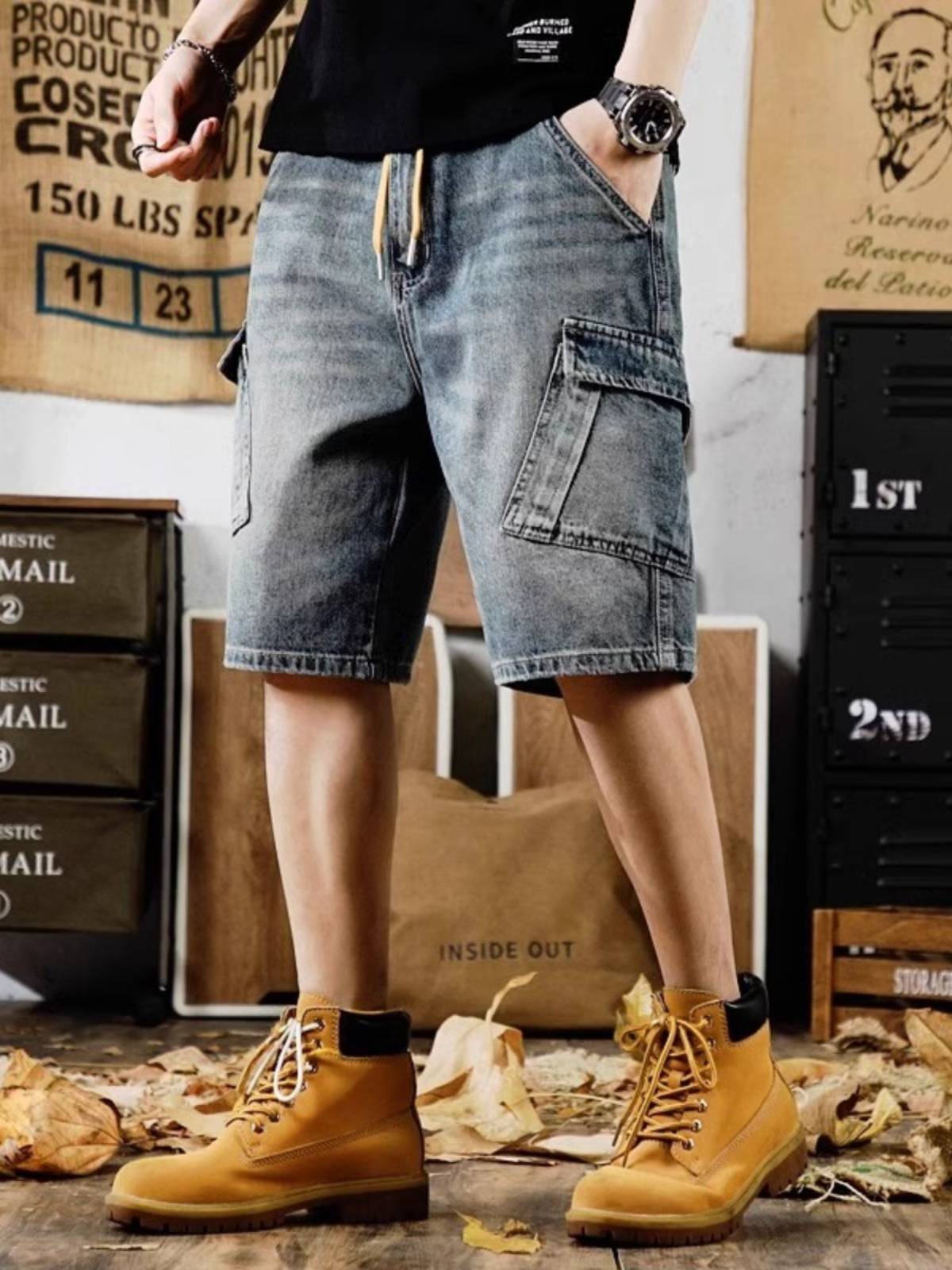 Large -size American leisure five -point denim shorts men's summer ins Big pocket horse pants washed straight tube loose 5 -point pants