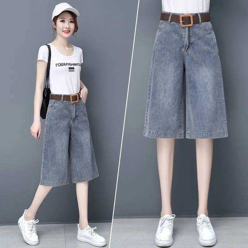 Seven -point wide -leg pants 2024 explosion ladies, pants and pants, summer high waist loose, drooping five -point pants jeans