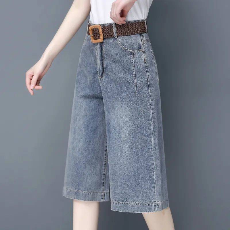 Seven -point wide -leg pants 2024 explosion ladies, pants and pants, summer high waist loose, drooping five -point pants jeans