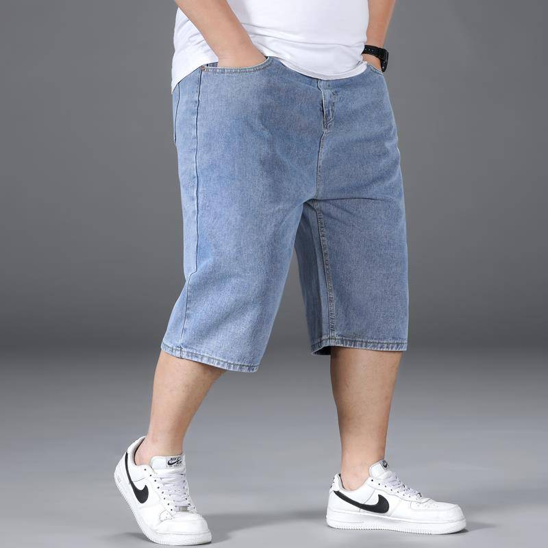 Summer thin denim shorts, men, fat increase, size, pants, men's fat guy elastic black horse pants tide