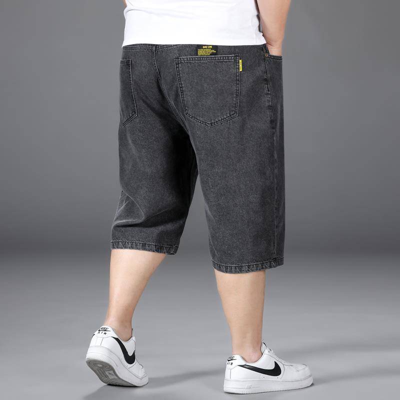 Summer thin denim shorts, men, fat increase, size, pants, men's fat guy elastic black horse pants tide