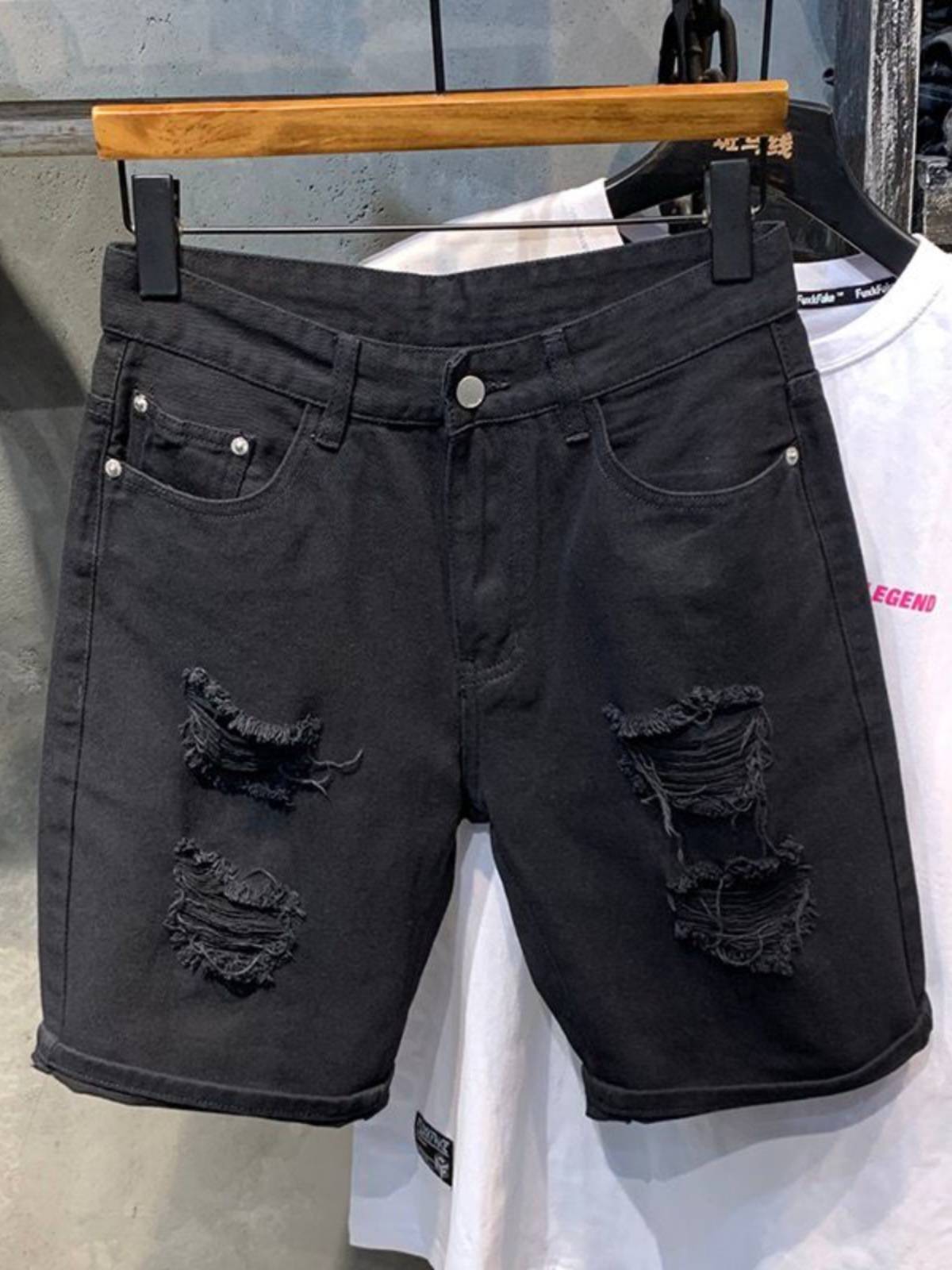 2024 Summer Black Cave Denim shorts Men's Korean version of slimming elastic five -point horse pants trend versatile pants