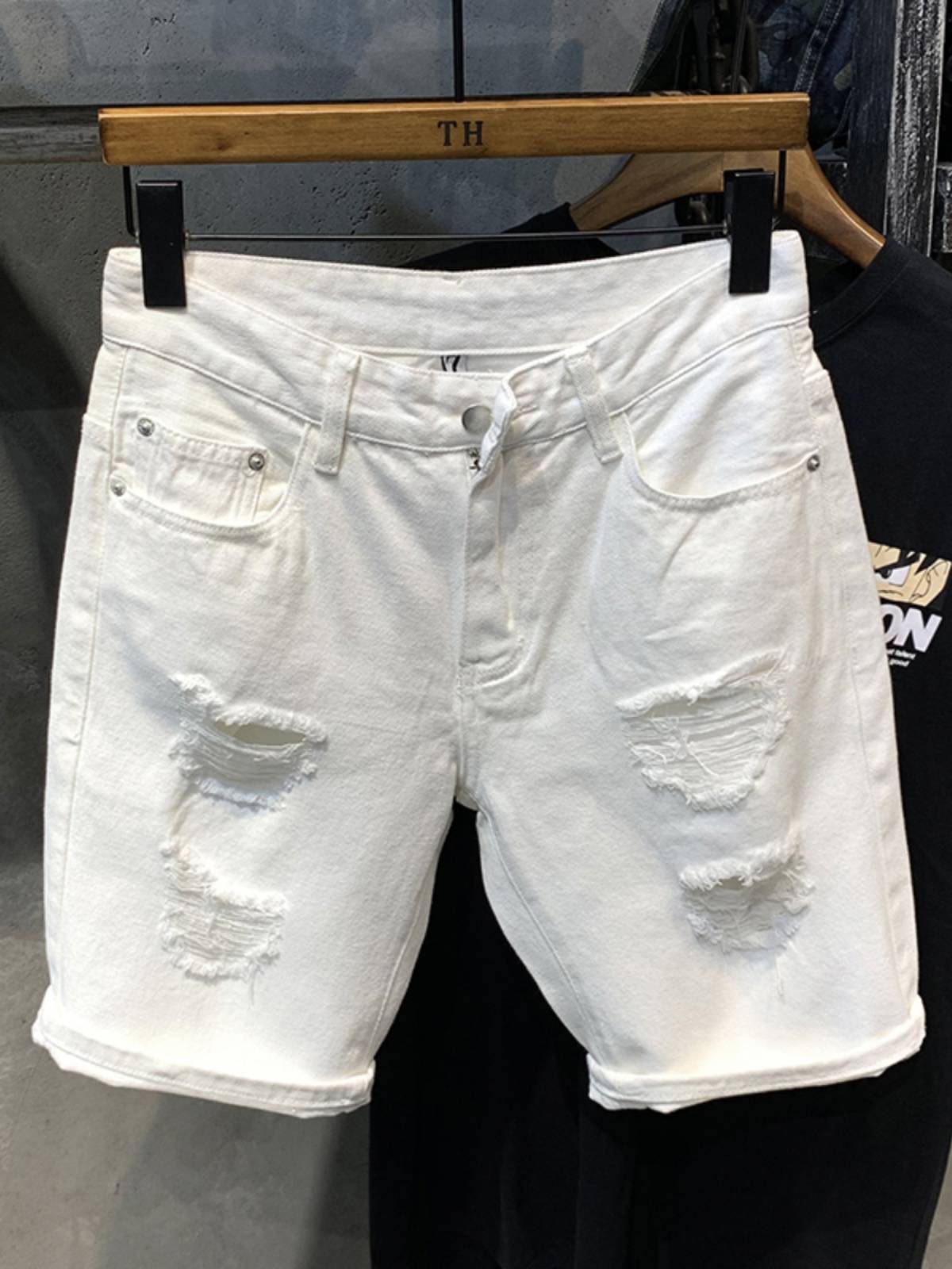 2024 Summer Black Cave Denim shorts Men's Korean version of slimming elastic five -point horse pants trend versatile pants
