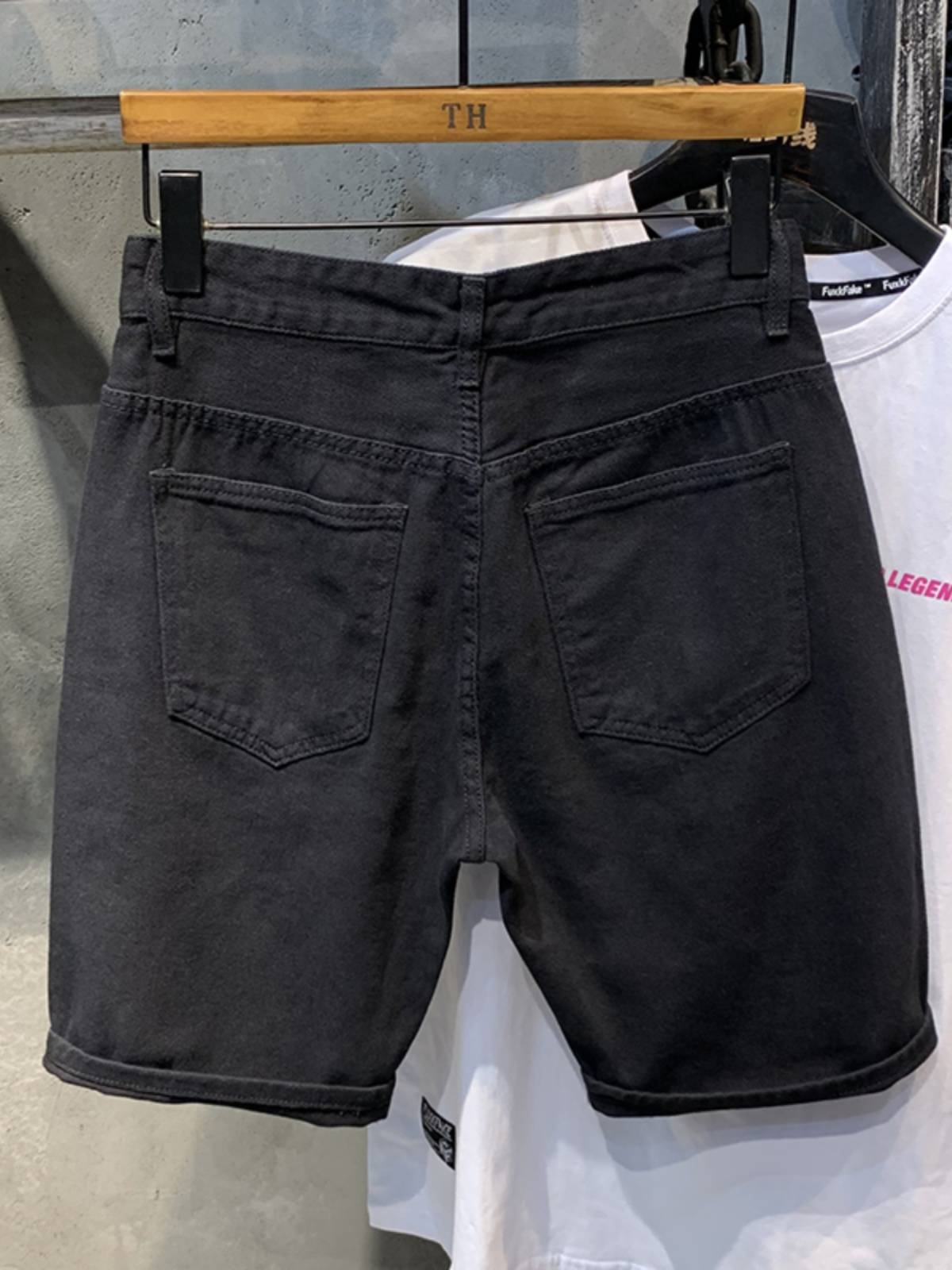 2024 Summer Black Cave Denim shorts Men's Korean version of slimming elastic five -point horse pants trend versatile pants