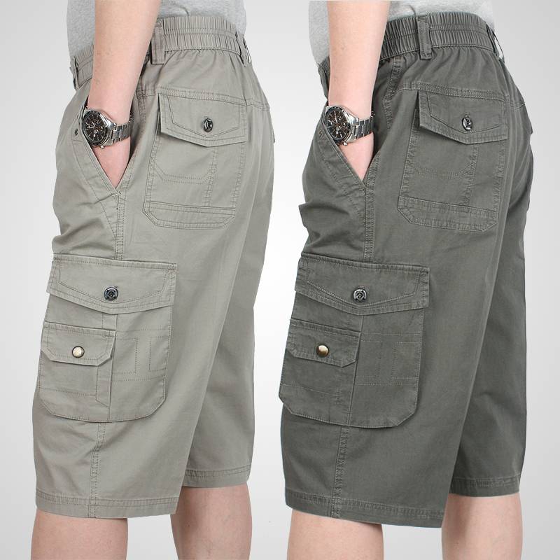 Pure cotton loose cropped pants men's summer short pants loose waist casual mid -pants middle -aged men cotton large size horse pants