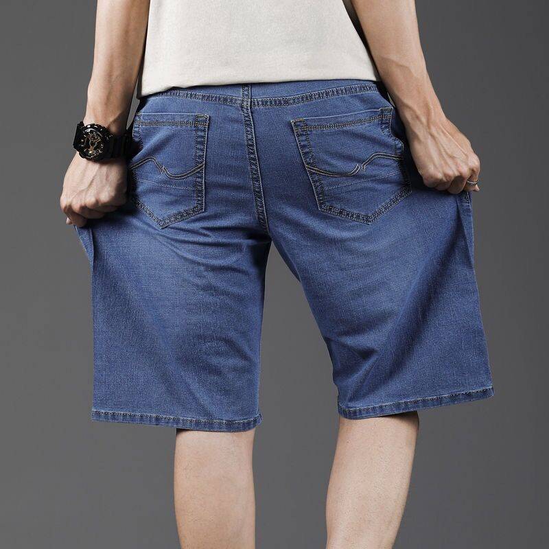 Summer denim shorts, men's pants, thin material plus fertilizer, increase penta pants, leisure fat guy elastic beach pants pants