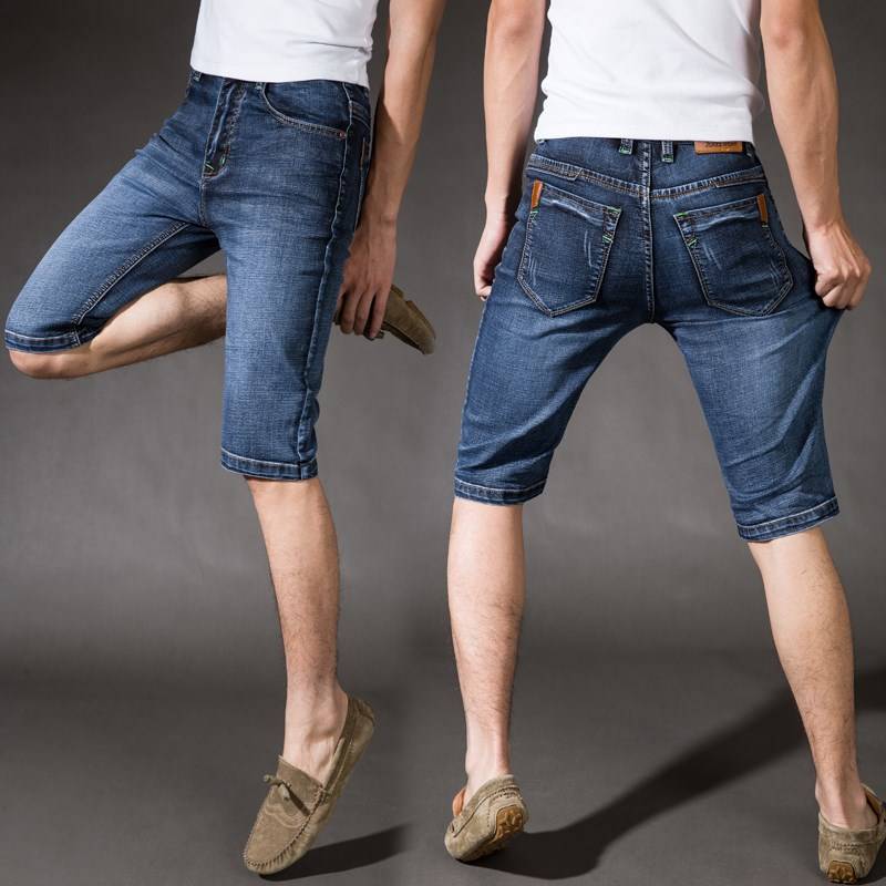 Qi brand authentic summer thin high elastic five -point denim shorts, men's clothing, elastic slim slim pants men's pants
