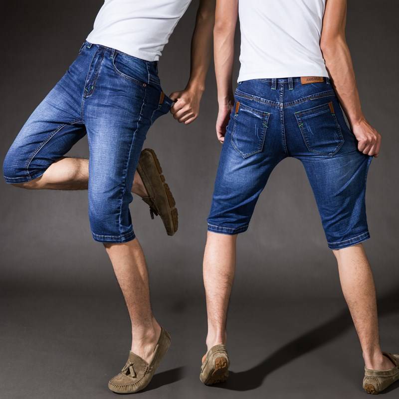 Qi brand authentic summer thin high elastic five -point denim shorts, men's clothing, elastic slim slim pants men's pants