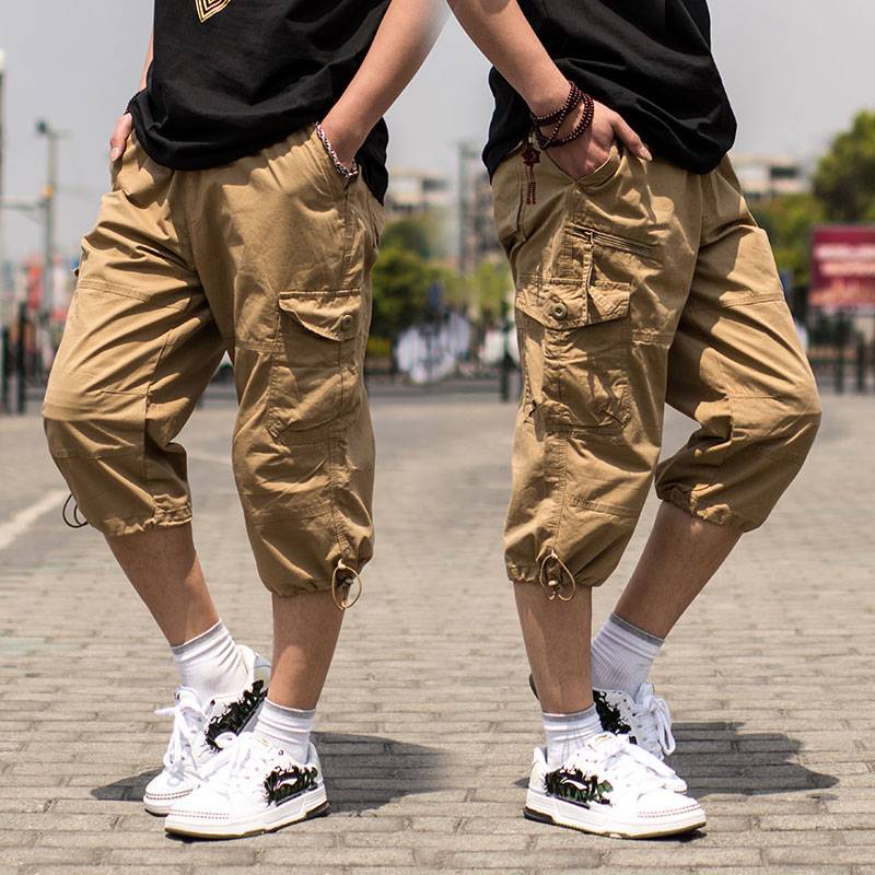 Summer shorts, thin jeans, men's beam, wide -leg multi -pocket 7 -point workpiece pants, fertilizer, increase size men's pants
