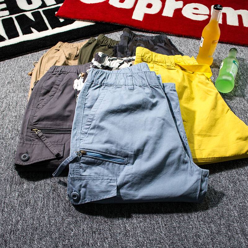 Summer shorts, thin jeans, men's beam, wide -leg multi -pocket 7 -point workpiece pants, fertilizer, increase size men's pants