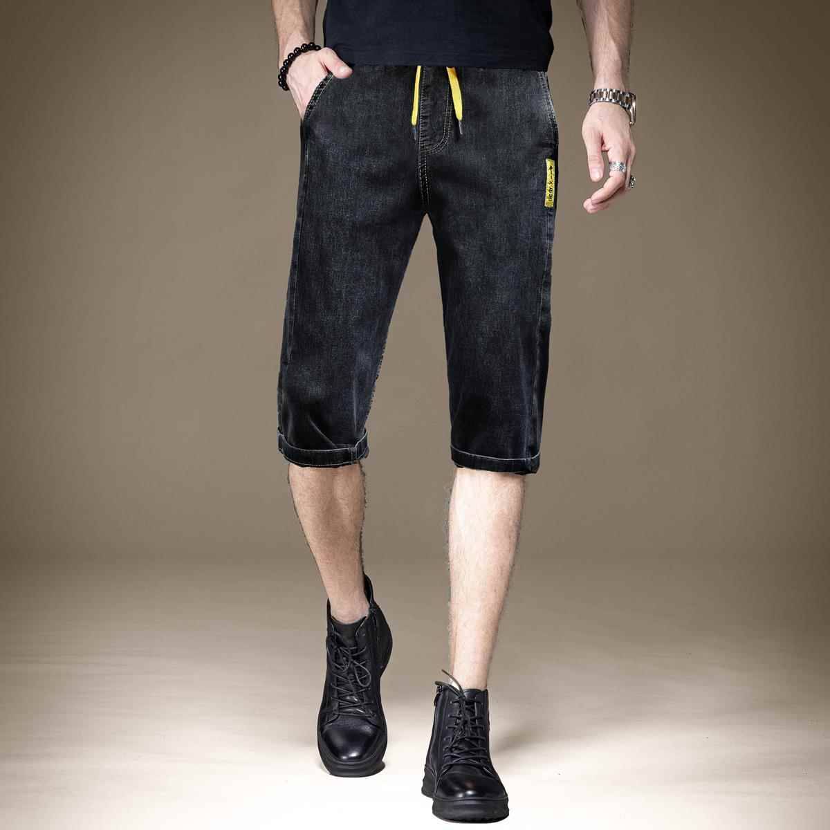 Summer thin -end high -end denim shorts men's trendy pants pants loose straight pants Korean casual 7 -point pants