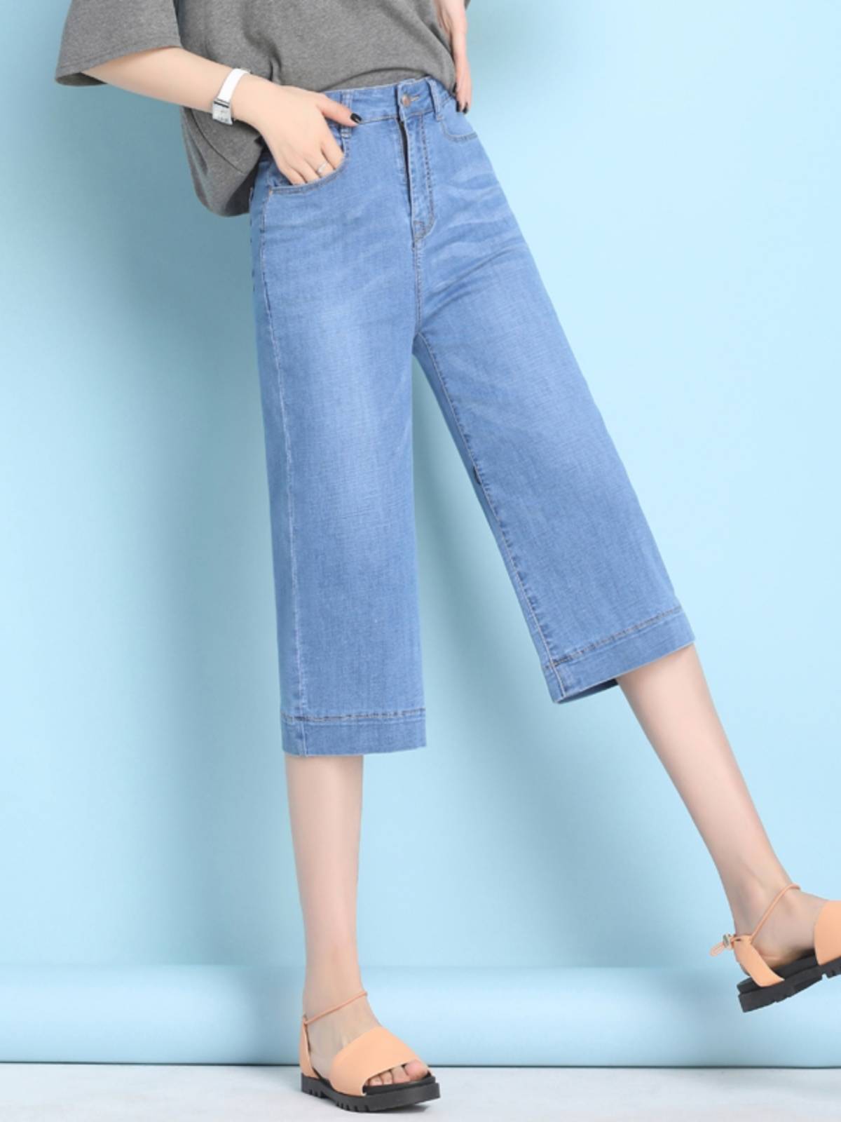 Straight jeans 2024 new loose cropped pants female summer thin pants high waist wide legs small pants