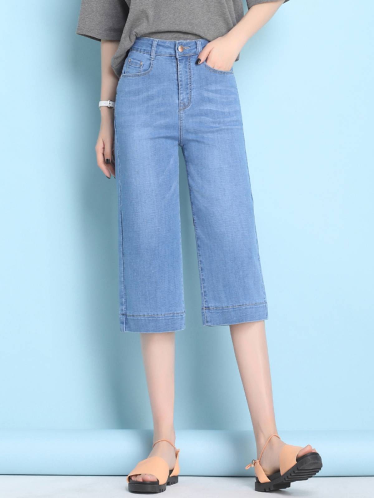 Straight jeans 2024 new loose cropped pants female summer thin pants high waist wide legs small pants