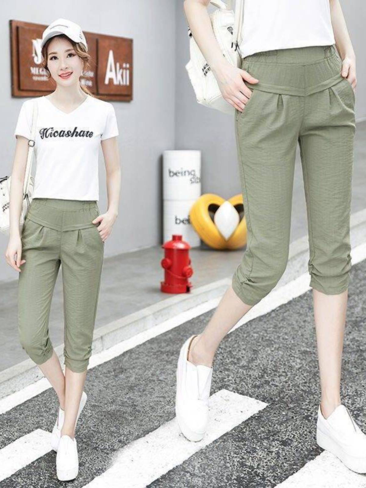 202 Seven -point pants female summer thin thin waist, high -waist lady straight horses casual long cotton pants and horses tide