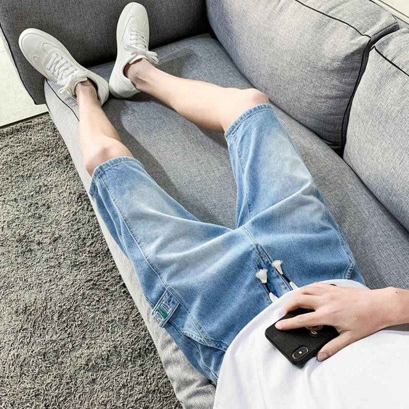 New product broken cave denim shorts, men's Korean edition slimming five -point horse pants, summer thin tide men's small feet 5 points