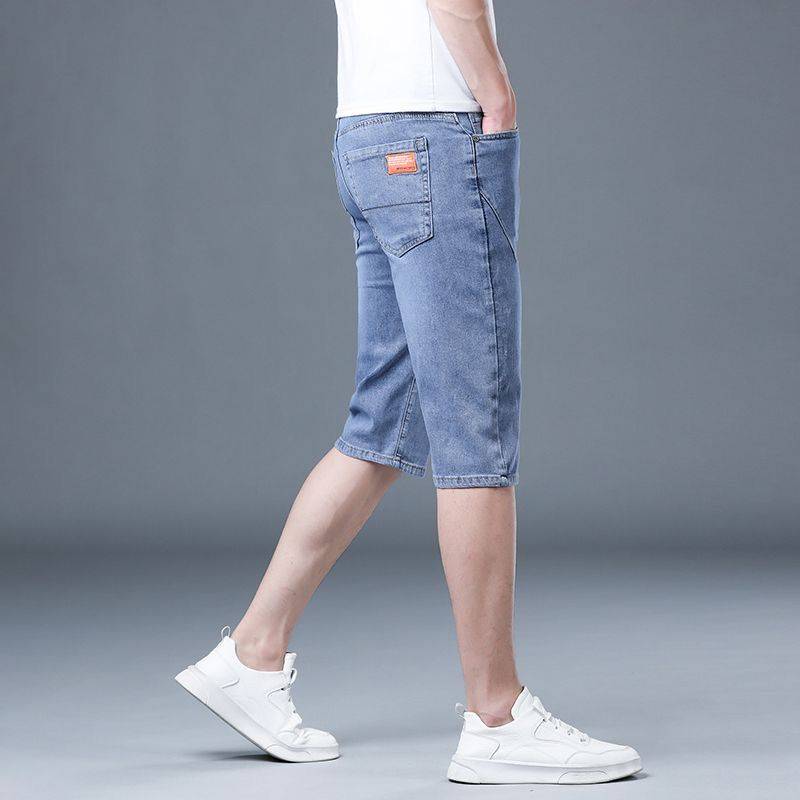 Summer thin ice silk denim cropped pants Men wearing loose straight tube trendy casual horse pants elastic pants