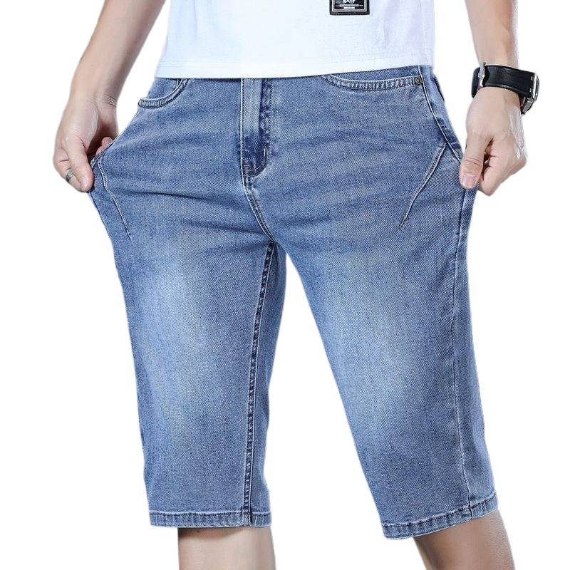 Summer thin ice silk denim cropped pants Men wearing loose straight tube trendy casual horse pants elastic pants