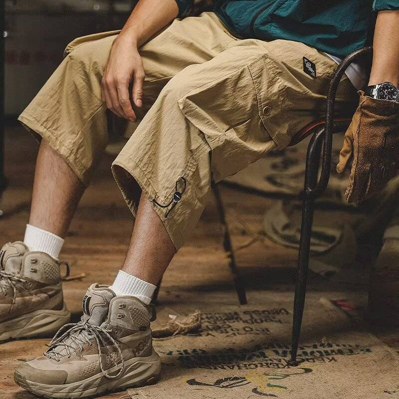 American tide brand retro folds sensor workpiece, cropped pants, men's over -the -knee horse pants loose large size leisure 7 points pants