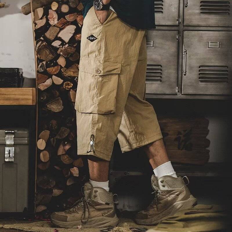 American tide brand retro folds sensor workpiece, cropped pants, men's over -the -knee horse pants loose large size leisure 7 points pants