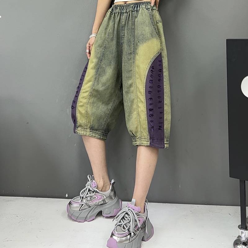 Summer retro -colored denim six -point short pants women's loose stitching water washing leisure five -point Haron pants thin horse pants