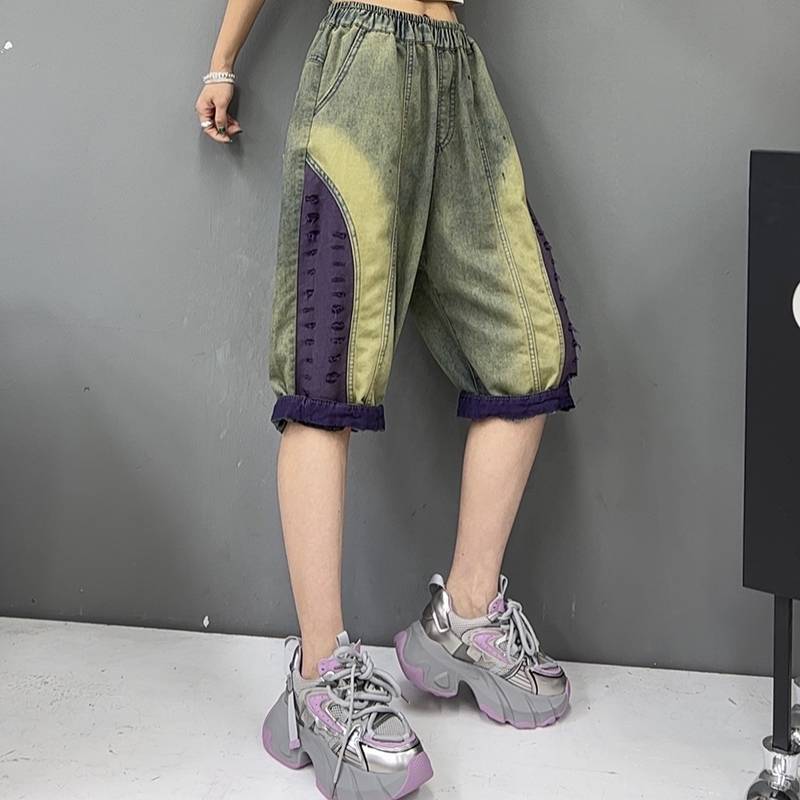 Summer retro -colored denim six -point short pants women's loose stitching water washing leisure five -point Haron pants thin horse pants
