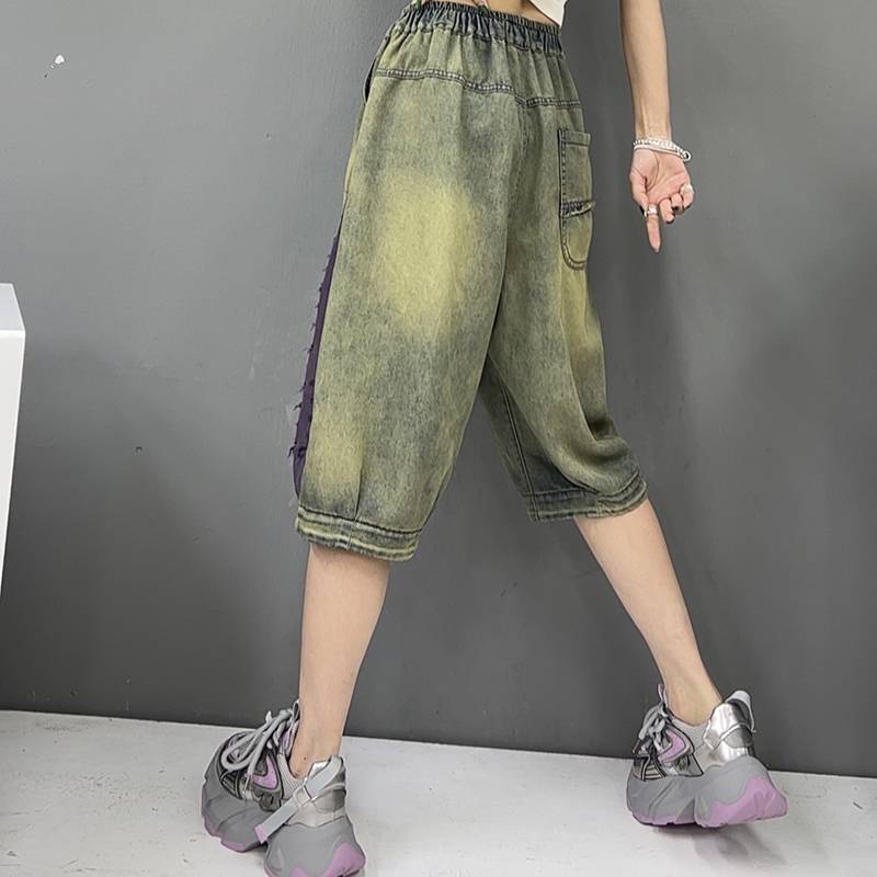 Summer retro -colored denim six -point short pants women's loose stitching water washing leisure five -point Haron pants thin horse pants